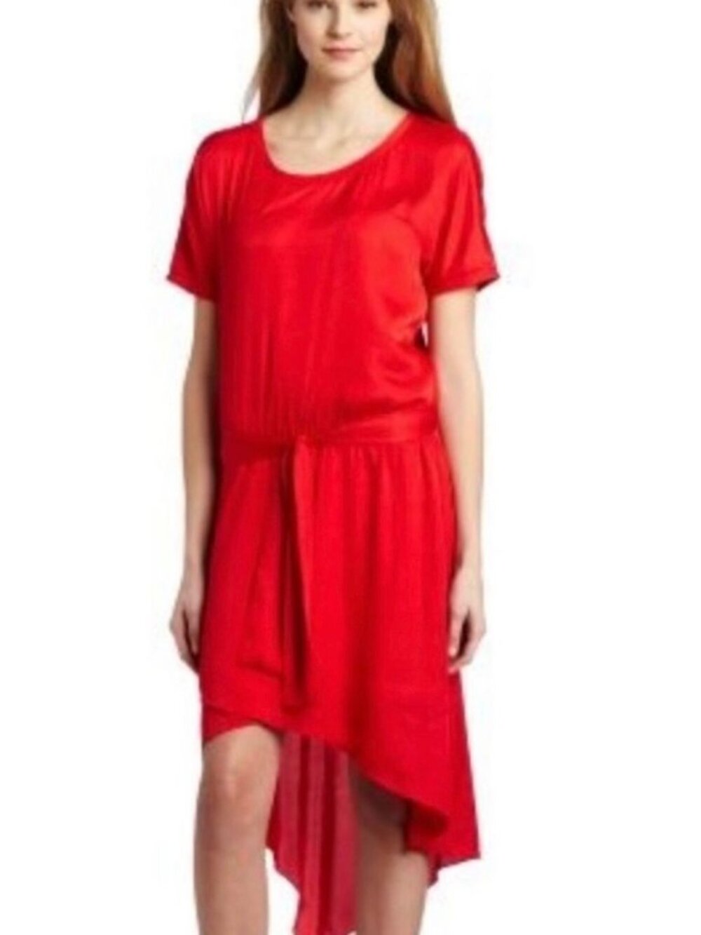 BCBGMAXAZRIA Red Angelika Jeweled Short Sleeve High-Low Hem Dress NWT Size Small